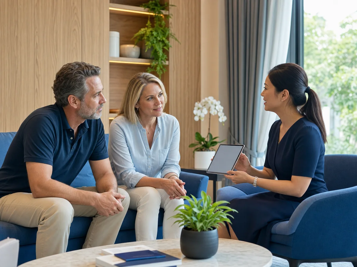 Western couple discussing their care journey with an international patient coordinator