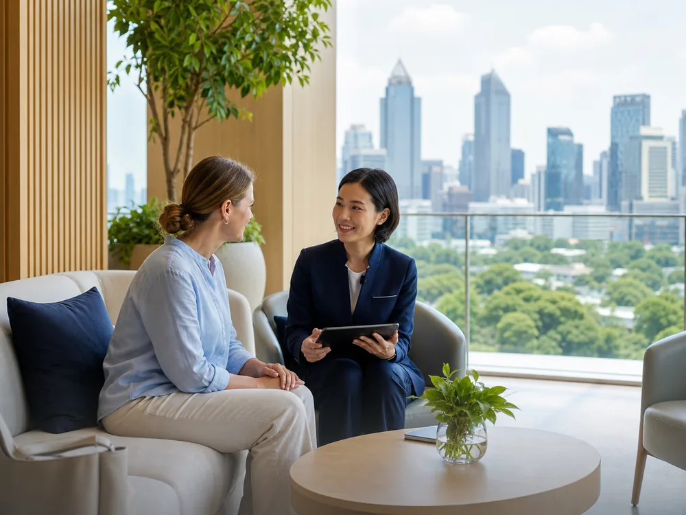 International patient speaking with a coordinator in a modern Asian healthcare setting